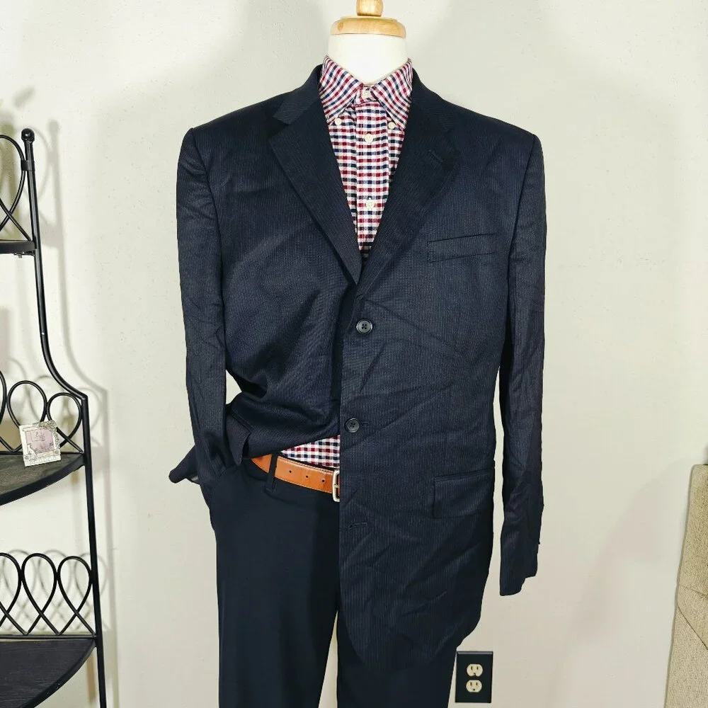 Banana Republic Men's Sport Coat Blazer Three Button Dark Navy‎ Striped Wool 46R